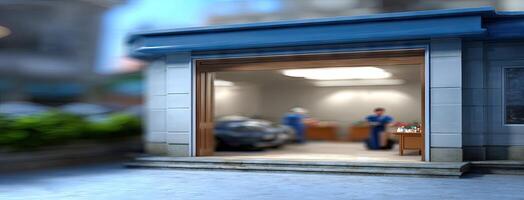 A man is standing in front of a garage door photo