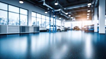 An empty car garage with a blue floor photo