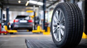 A tire on a conveyor belt in a car repair shop photo