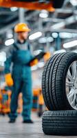 A man in a hard hat and blue overalls is standing next to tires photo
