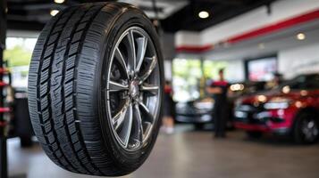 A car tire is on display in a showroom photo