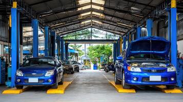 A blue car is sitting on a lift in a garage photo