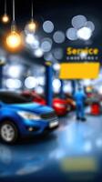 Car repair shop with car and people in the background photo