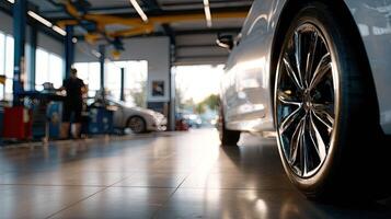 A car is parked in a garage with a man standing next to it photo