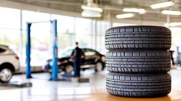 A stack of tires in a car dealership photo