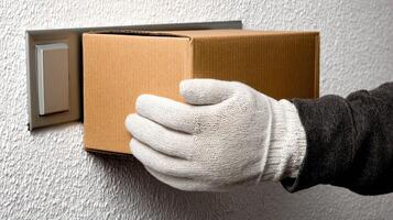 A person wearing gloves is holding a box photo