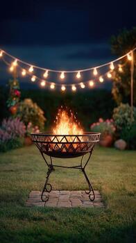 A fire pit in the backyard with string lights photo