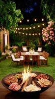 A fire pit with food and drinks on it photo