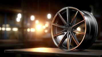 A wheel with orange accents on it in a dark room photo