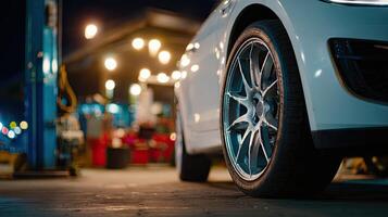 A white car is parked in front of a gas station photo