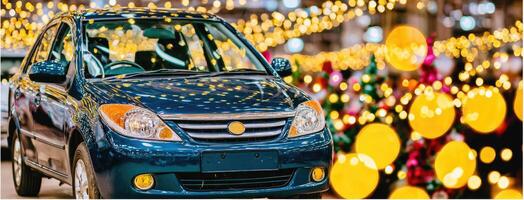 A small blue car is parked in front of a large christmas tree photo