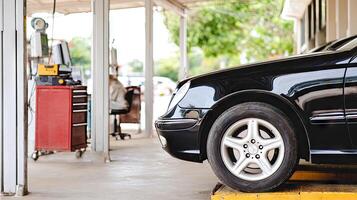A black car is parked in a garage photo