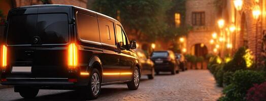 A black van is parked on a cobblestone street photo