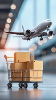 Shipping and logistics concept with airplane flying over a shopping cart with boxes and packages photo