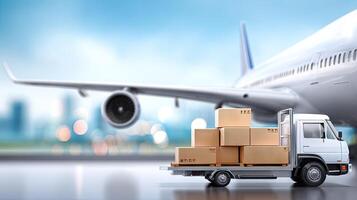 A small truck with boxes on it is carrying them to the plane photo
