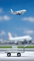 A plane flying over a trolley with boxes on it photo