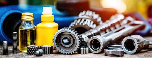 A variety of tools and parts on a table photo