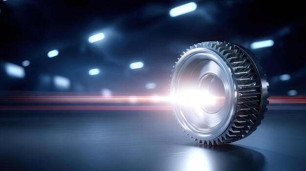 A car wheel on a dark background with lights photo
