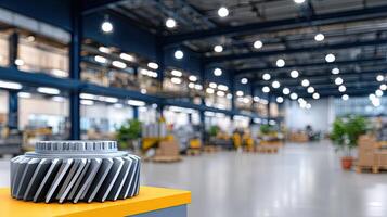 A gear wheel is sitting on a yellow stand in a large warehouse photo