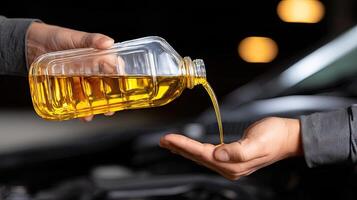 A person pouring oil into a car engine photo
