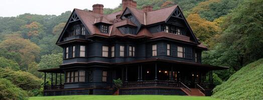 A black victorian house with a large porch photo