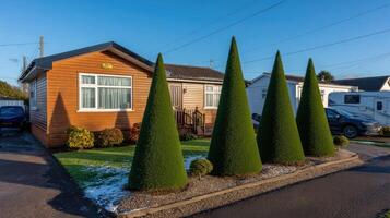 A small house with a few trees in front of it photo