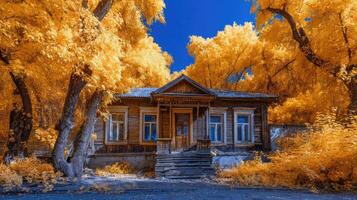 An old house in the woods with yellow trees photo