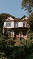 An old house in the woods with trees and bushes photo