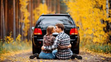Couple kissing in front of car photo