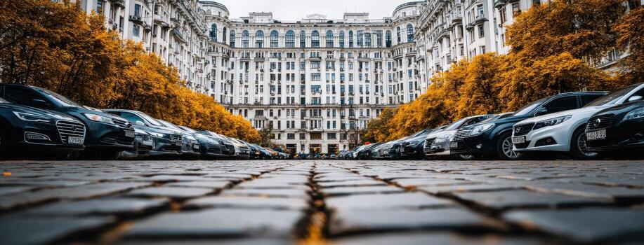 A street lined with parked cars in front of a tall building photo