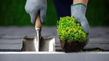 A person in gloves is holding a shovel and planting grass photo