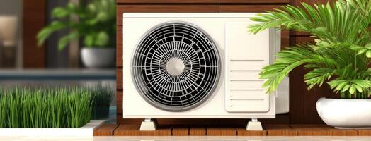 A small air conditioner is sitting on a wooden deck photo