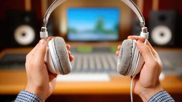 A person holding up headphones in front of a recording studio photo
