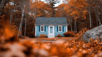 A small blue house surrounded by autumn leaves photo