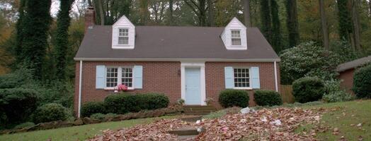 A small brick house with a blue door and windows photo
