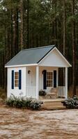 A small white cabin in the woods photo
