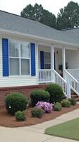 A white house with blue shutters photo
