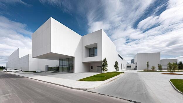 moderno arquitectónico estructura presentando angular diseños y un espacioso ambiente capturado durante tiempo de día debajo un parcialmente nublado cielo foto