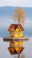 A small house on a small island in the middle of a lake photo