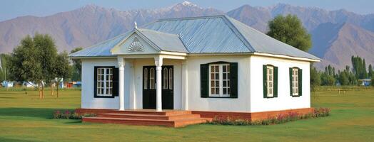 A small white house with a roof and a porch photo