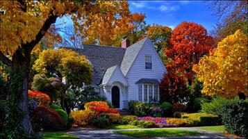 A house surrounded by colorful trees in the fall photo