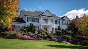A large white house with a beautiful lawn photo