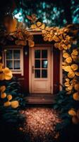 A small red house surrounded by yellow leaves photo