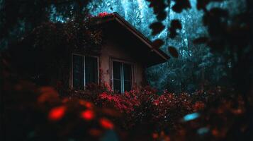 A house in the woods with red leaves photo