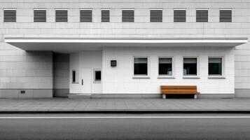 Modern architectural design featuring a minimalist facade with a wooden bench on a quiet urban street photo