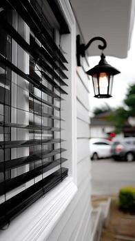 Close-up view of a stylish outdoor lantern beside a window with black blinds in a suburban neighborhood during cloudy weather photo