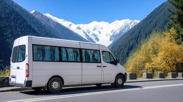 A white van is driving down the road in front of a mountain photo