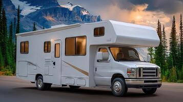 A white rv is driving down the road photo