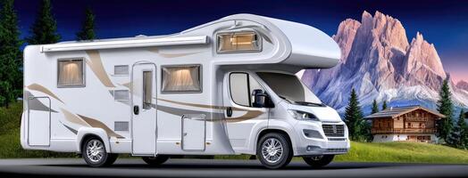 A white camper van is parked in front of a mountain photo