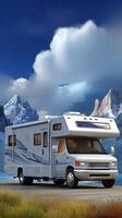 A white rv parked on a road with mountains in the background photo